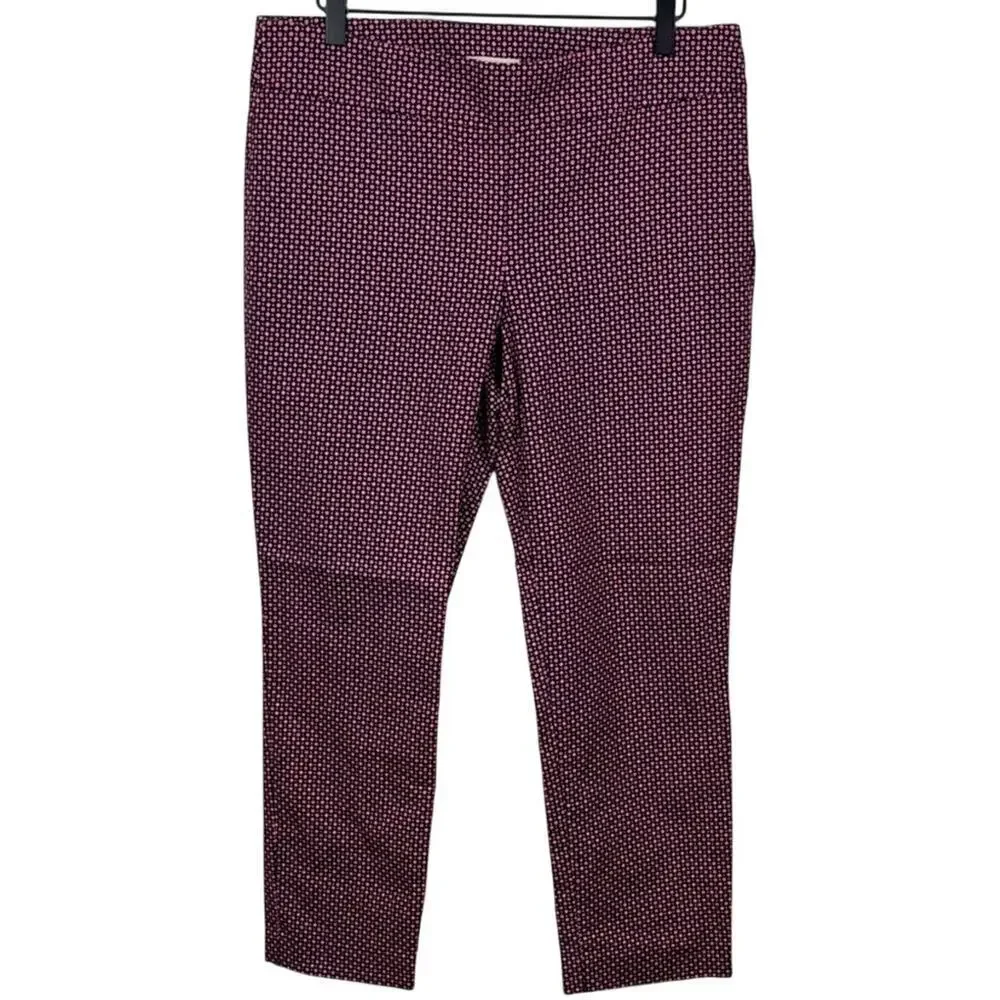 LOFT Pull On Ankle Pants 8 Geometric Diamond Knit Navy Burgundy Quiet Luxury 90s